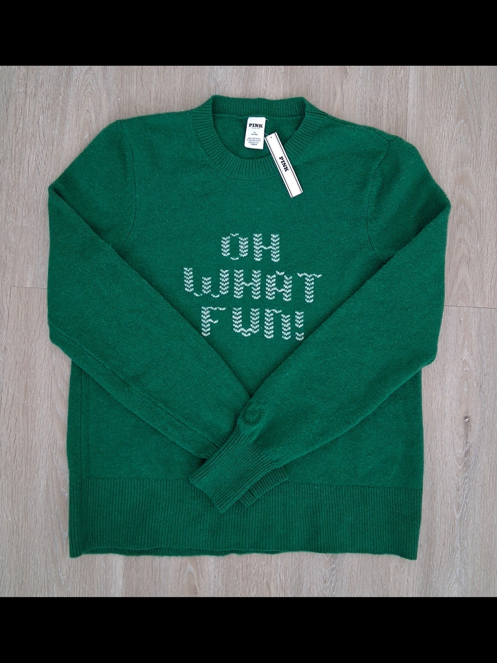 PINK Victoria's Secret Kelly Green Crewneck Sweater with "Oh What Fun" Text - Picture 2 of 7